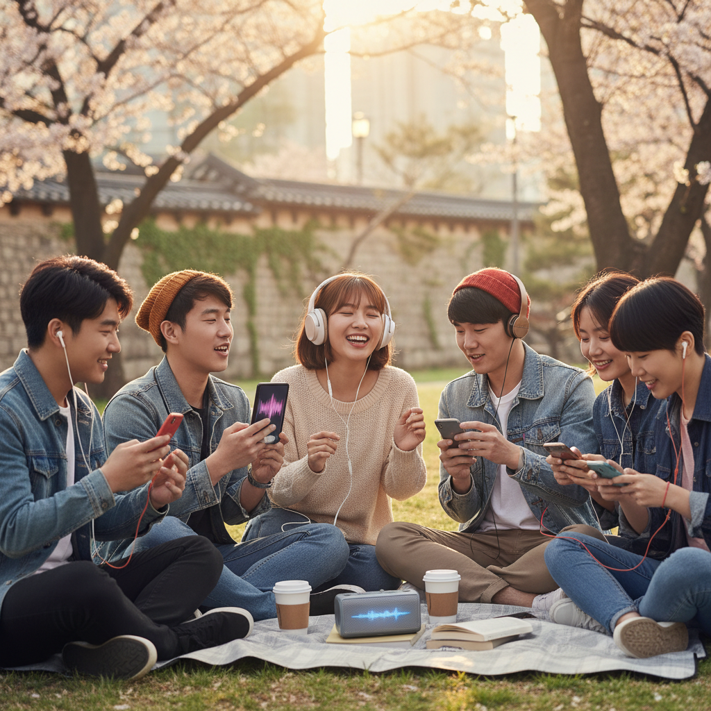 A vibrant lifestyle photography scene of diverse young Korean people enjoying music through various devices like smartphones and headphones, reflecting modern music consumption, warm lighting, natural setting, rich background, no text, aspect ratio 4:3