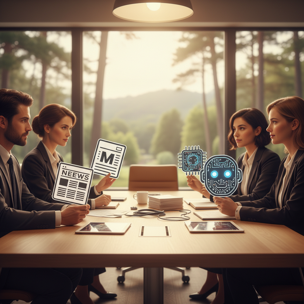 A visual metaphor of two groups, one representing traditional media publishers (with newspaper and magazine icons) and the other AI tech companies (with robot and circuit board icons), engaging in a complex negotiation at a modern conference table. Balanced composition, warm lighting, natural setting, no text. Style: lifestyle photography, balanced lighting, subtly blurred office background.