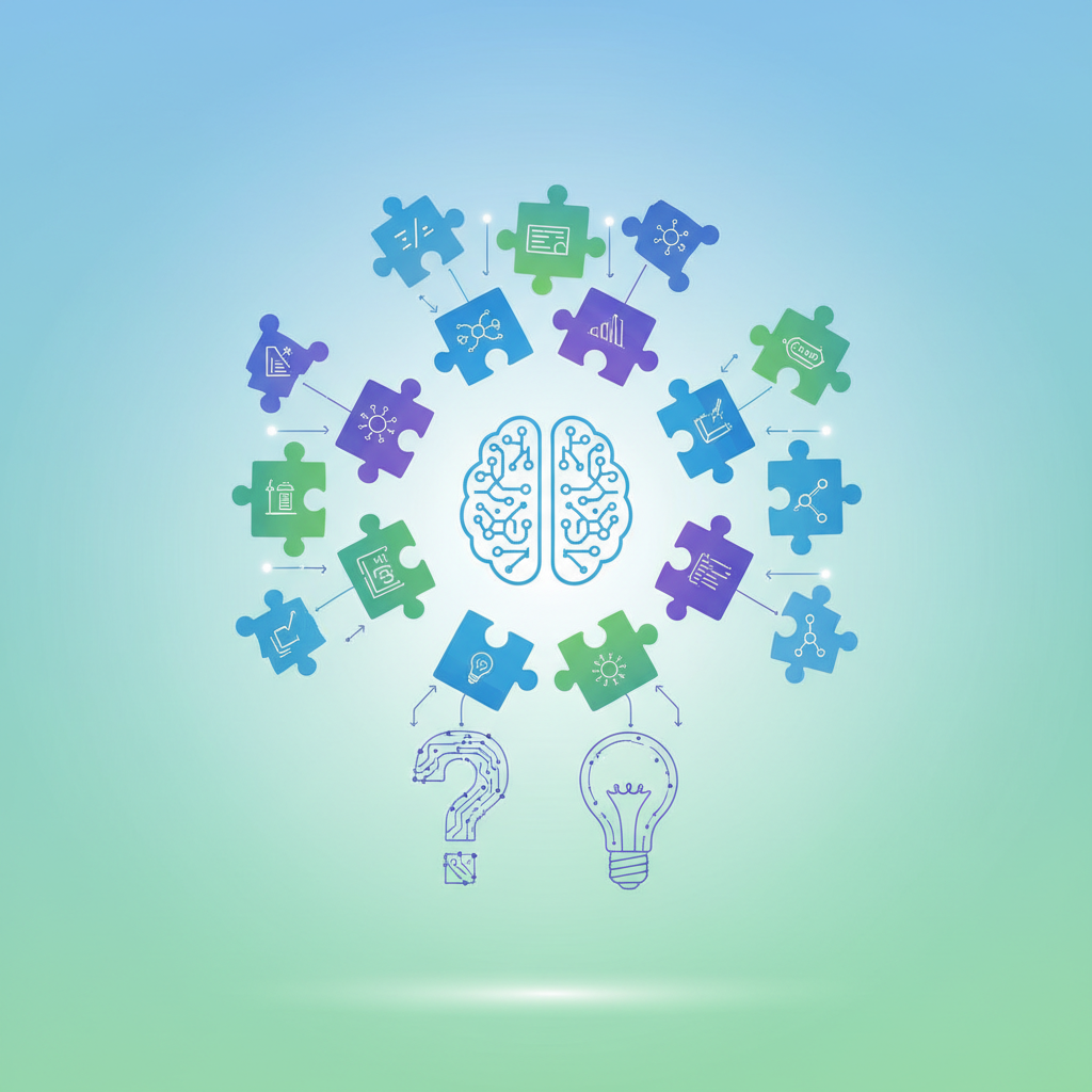 An illustrative infographic of various puzzle pieces coming together to form a clear, cohesive picture, symbolizing problem-solving and finding solutions for complex AI research issues. The background is a clean, modern gradient. No visible text.