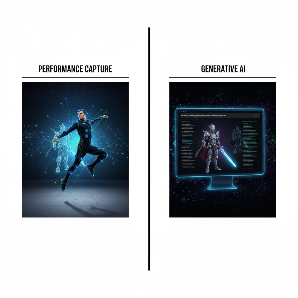 A side-by-side comparison infographic contrasting performance capture (showing an actor in motion with digital overlays) and generative AI (depicting a computer screen with text prompts creating a virtual character). Style: clean infographic, modern layout, high contrast. No text.