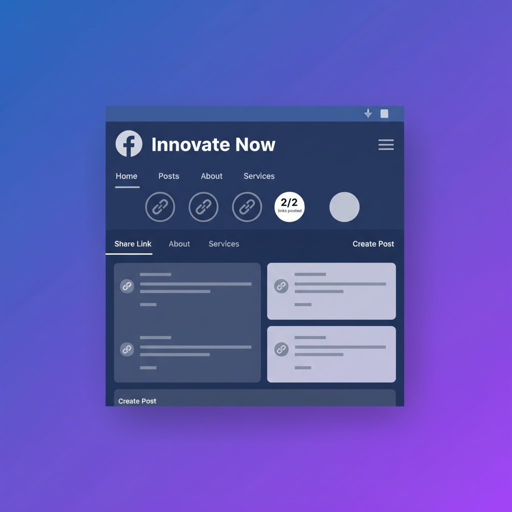 A clean infographic showing a simplified Facebook page interface. Several link post icons are greyed out, with a small counter showing "2/2 links posted". Modern layout, high contrast, colored background, minimal English UI text, no Korean text. Aspect Ratio 1:1.