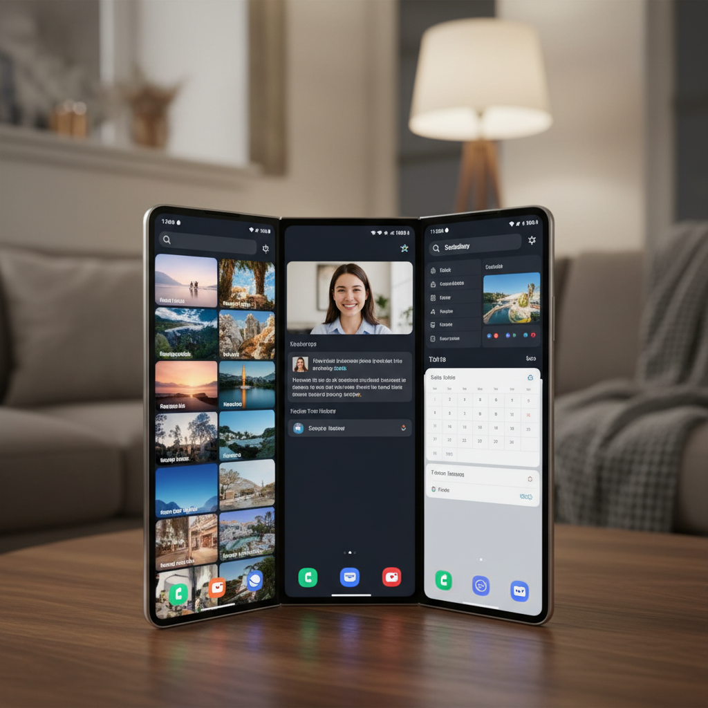 An eye-level shot of the Samsung Galaxy Z TriFold fully unfolded, displaying its 10-inch screen with three different apps open side-by-side in portrait orientation. The background is a soft, warm-toned home interior, suggesting comfortable usage. The screen is bright and clear, showing a vibrant user interface. No visible text.