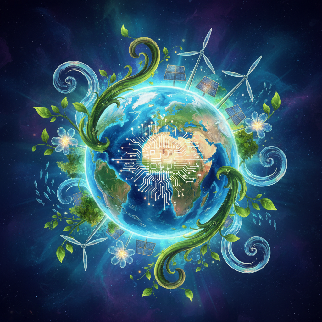 A shimmering circuit representing AI technology placed on a vibrant blue earth, surrounded by harmoniously integrated eco-friendly elements. Style: illustration, artistic rendering, textured background. No visible text in image. Colored background.