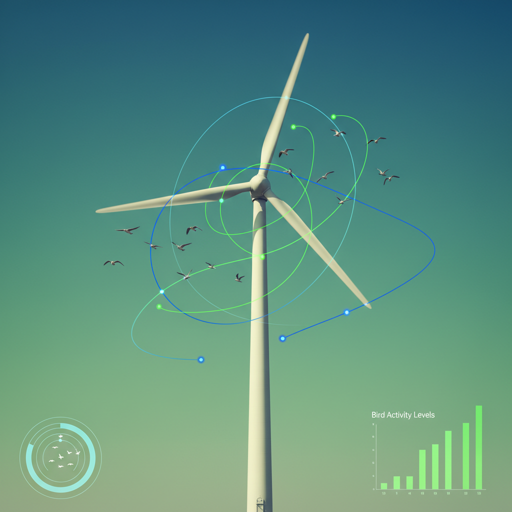 A harmonious scene of a large wind turbine gently spinning with various birds flying safely around it, a subtle overlay of a digital monitoring interface showing bird paths, clean infographic style, modern layout, high contrast, green and blue gradient background, no text.