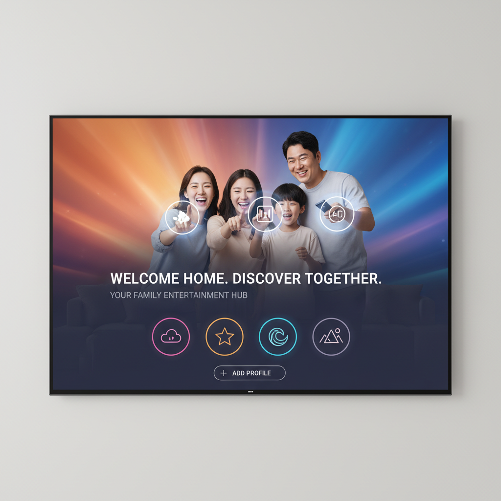 A modern user interface of a streaming service app with an "Arrival Ad" displayed prominently on the profile selection screen, showing a Korean family selecting profiles. The background is a soft gradient, with no visible text in the image. Aspect Ratio: 4:3
