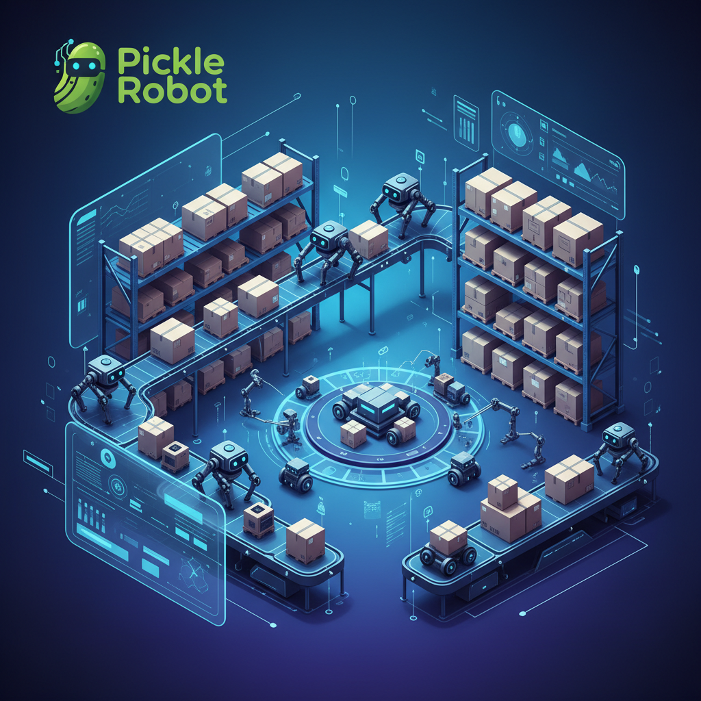A clean infographic showing the Pickle Robot logo, with a futuristic warehouse in the background where robots are efficiently moving packages, modern layout, high contrast, colored background, no text