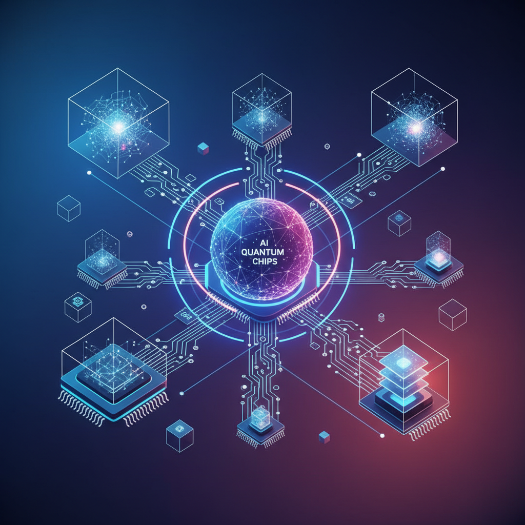 A futuristic, interconnected network of AI models, chips, and quantum computing elements, symbolizing Peter DeSantis's expansive new role at Amazon, clean infographic, modern layout, high contrast, colored background, no text