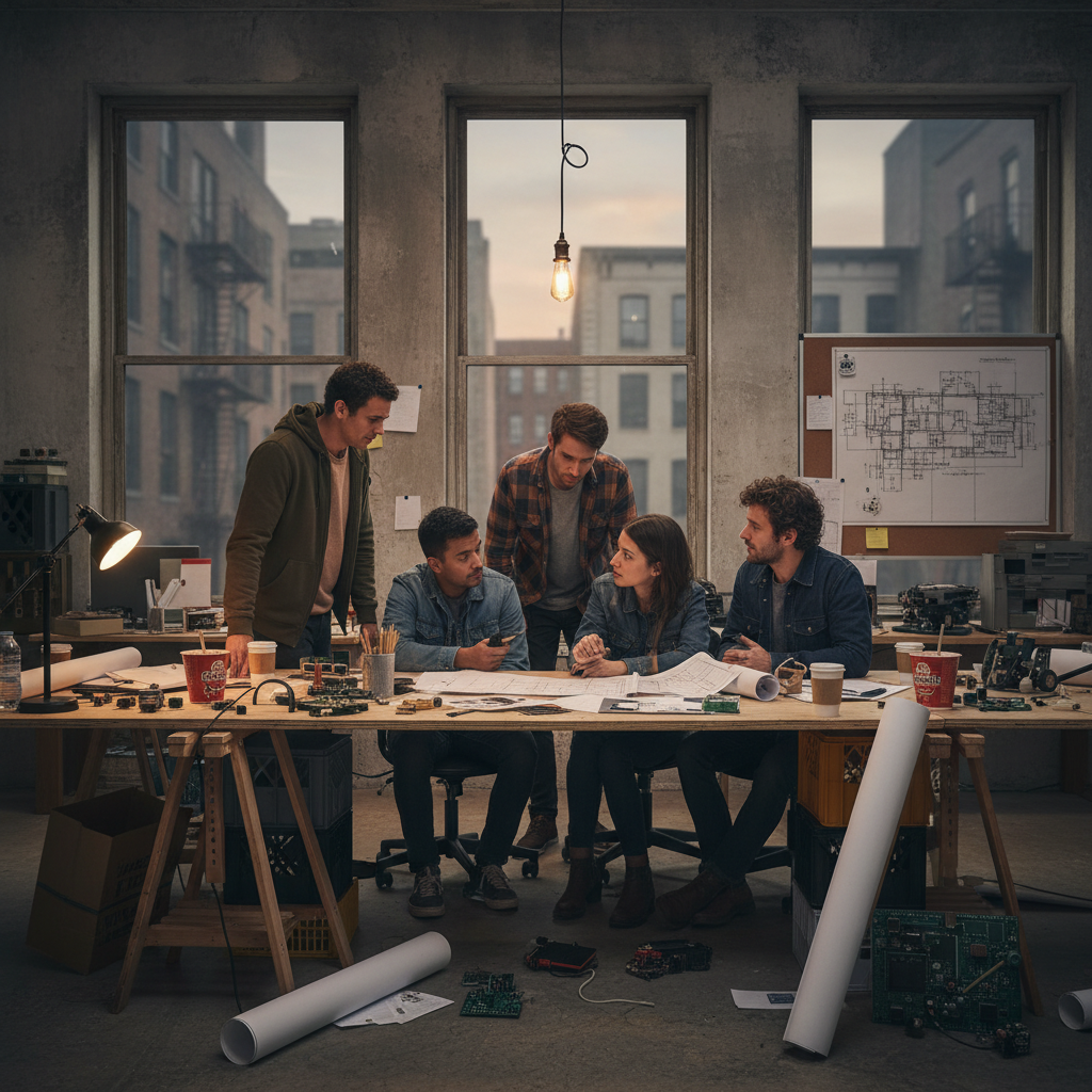 A struggling hardware startup office, dim lighting, scattered blueprints, a diverse team looking concerned but determined, urban setting, muted colors, no text, 4:3 aspect ratio
