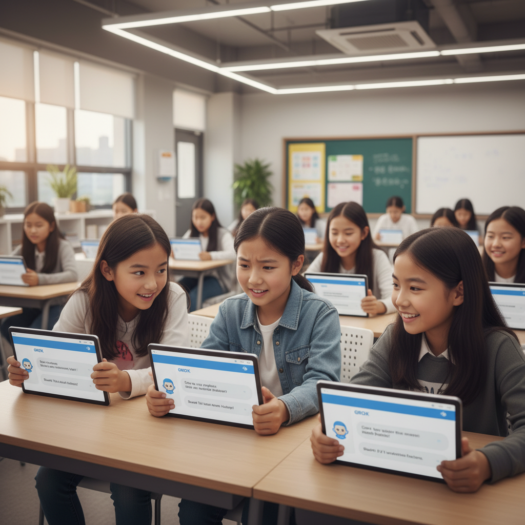 A modern school classroom scene with diverse Korean students aged 10-14 interacting with Grok chatbot on tablets, showing various expressions (curiosity, confusion, engagement), minimalist UI with English text, warm ambient lighting, blurred school background, no explicit text or controversial imagery.