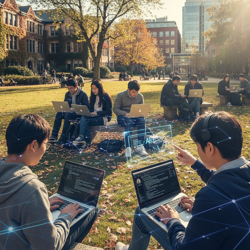 A bustling university campus scene with students, Korean appearance, actively using AI tools on laptops, with a subtle overlay representing digital data flow, symbolizing innovation and academic research, lifestyle photography, natural setting, no text
