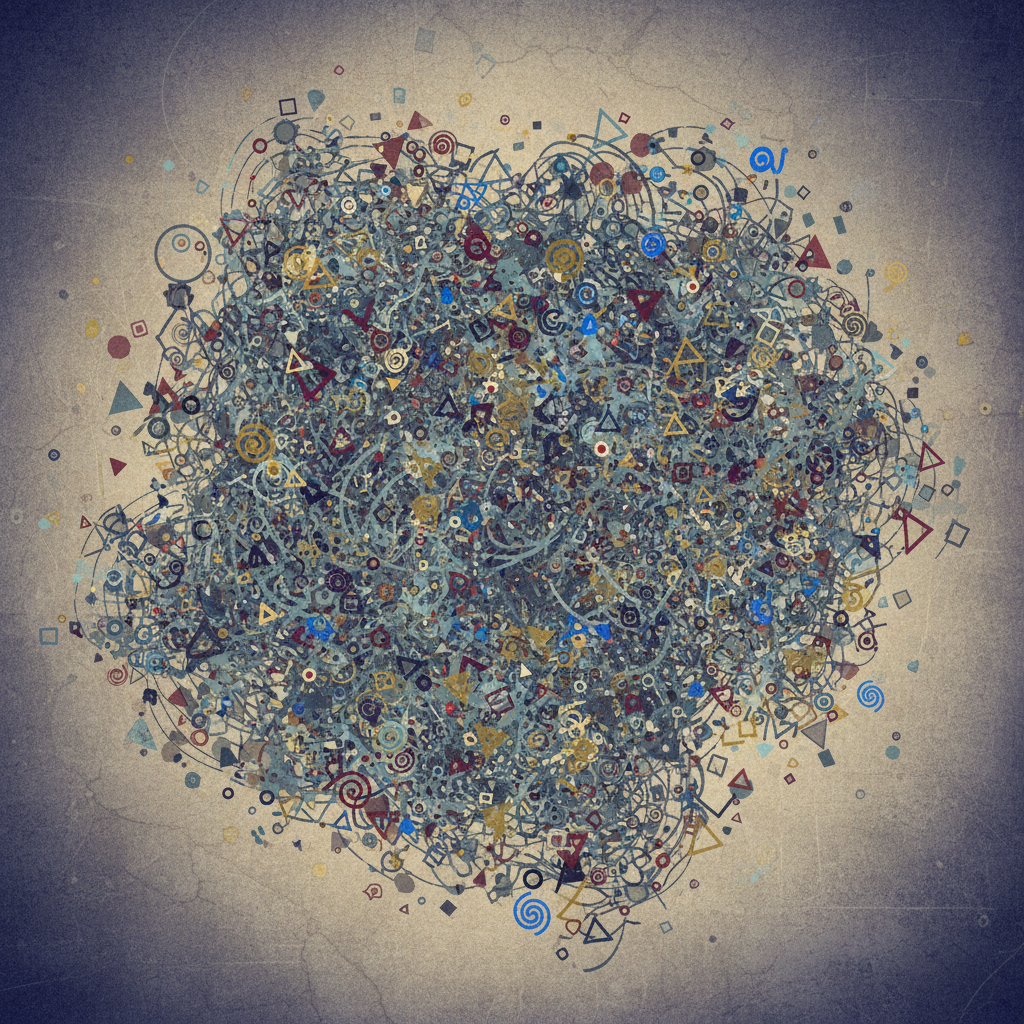 Abstract illustration showing a complex, entangled web of information, where 'noise' (represented by dense, indistinguishable patterns) is overwhelming and drowning out clear 'signals' (represented by distinct, coherent shapes), symbolizing the decline of academic standards. Artistic rendering, textured background, no text.