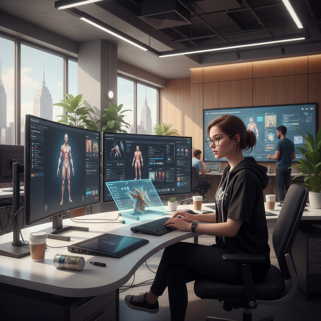 A game developer using AI tools to design a character, modern office setting, bright lighting, realistic style, no text