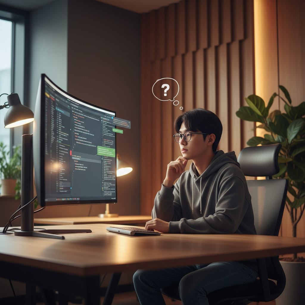 A Korean developer, male, in a modern office, contemplating AI code suggestions on a screen, with a subtle thought bubble showing a question mark. Lifestyle photography, warm lighting, textured background, centered focus, no text.
