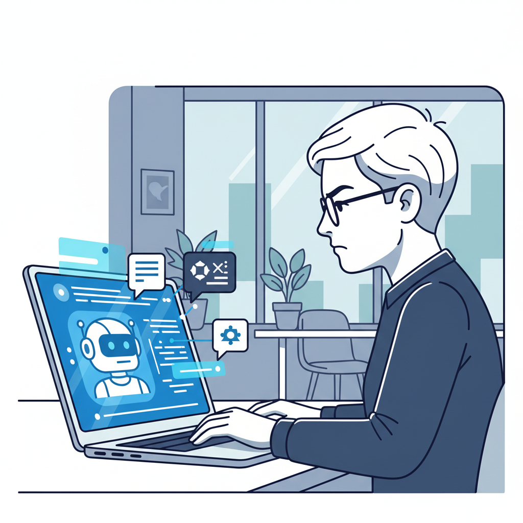 A software engineer uses an AI coding assistant on a sleek laptop, bright screen, focused expression, modern office background, clean infographic style, high contrast, no text