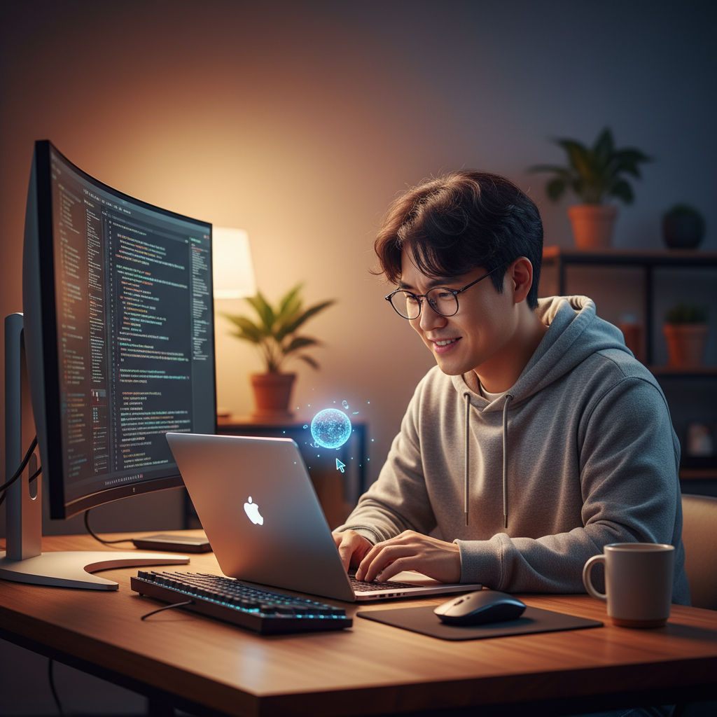 A Korean male developer focused on his laptop, using an AI coding assistant. The screen shows lines of code with subtle AI interface elements. Warm lighting, modern desk setup, colored background, no visible text.