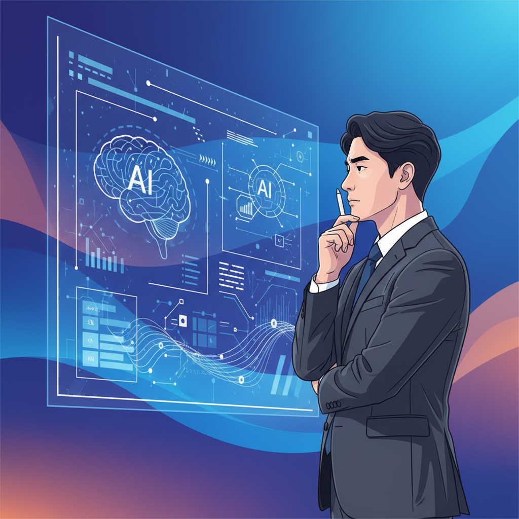 A Korean business person thoughtfully observing a presentation on a large screen at a tech conference, showing various AI-related graphics. The person has a pensive expression, considering the implications of new technology. Style: clean infographic, modern layout, high contrast. Colored background with soft gradients, bright and balanced lighting. No visible text, no charts.