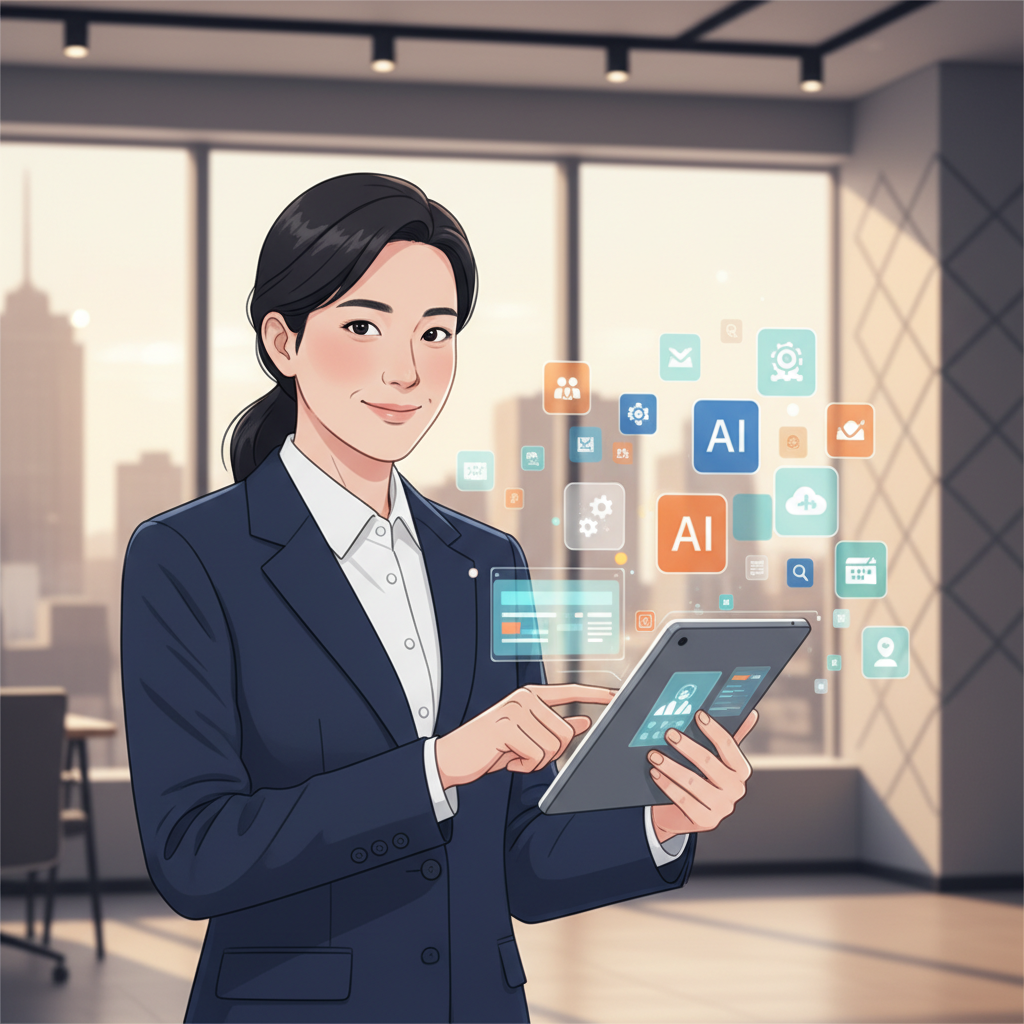 A Korean business person, looking confident, interacting with a user-friendly AI interface on a tablet, surrounded by floating holographic app icons. The setting is a modern, bright office with warm lighting and a textured background. No visible text., style: clean infographic