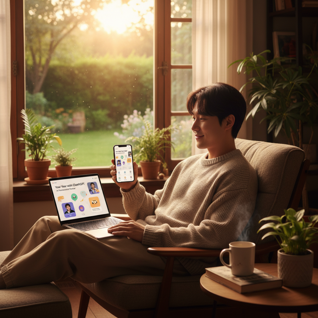 A Korean man comfortably viewing his 'Your Year with ChatGPT' review on both his smartphone and laptop, showing seamless multi-device access, lifestyle photography, natural setting, warm lighting, no text