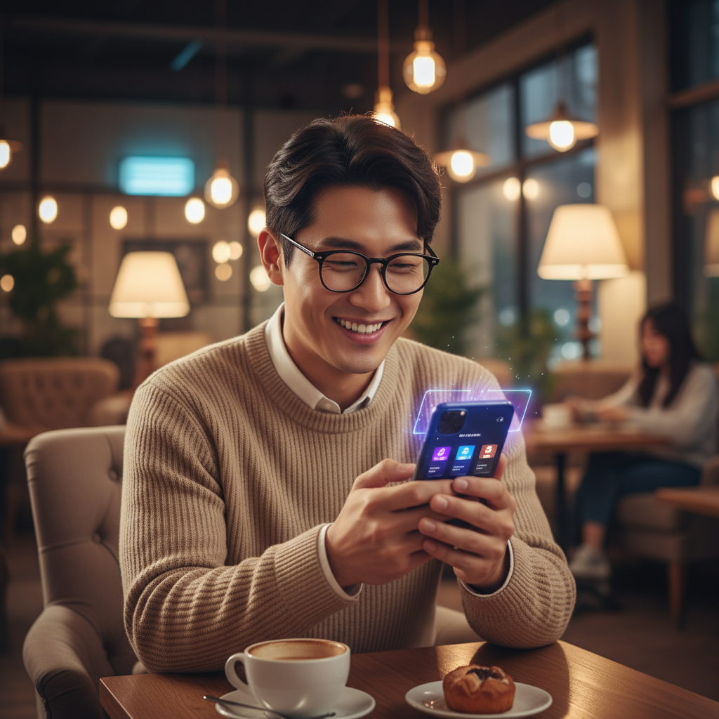 A man smiling while interacting with an AI dating app on his smartphone, vibrant lifestyle photography, warm lighting, cozy cafe background, Korean appearance, no text