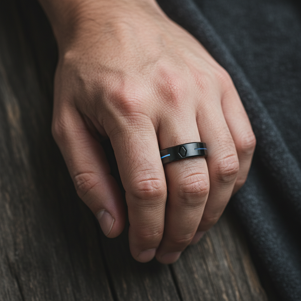 A close-up shot of a man's hand wearing a sleek, minimalist AI smart ring, detailed composition, rich textured background, no text
