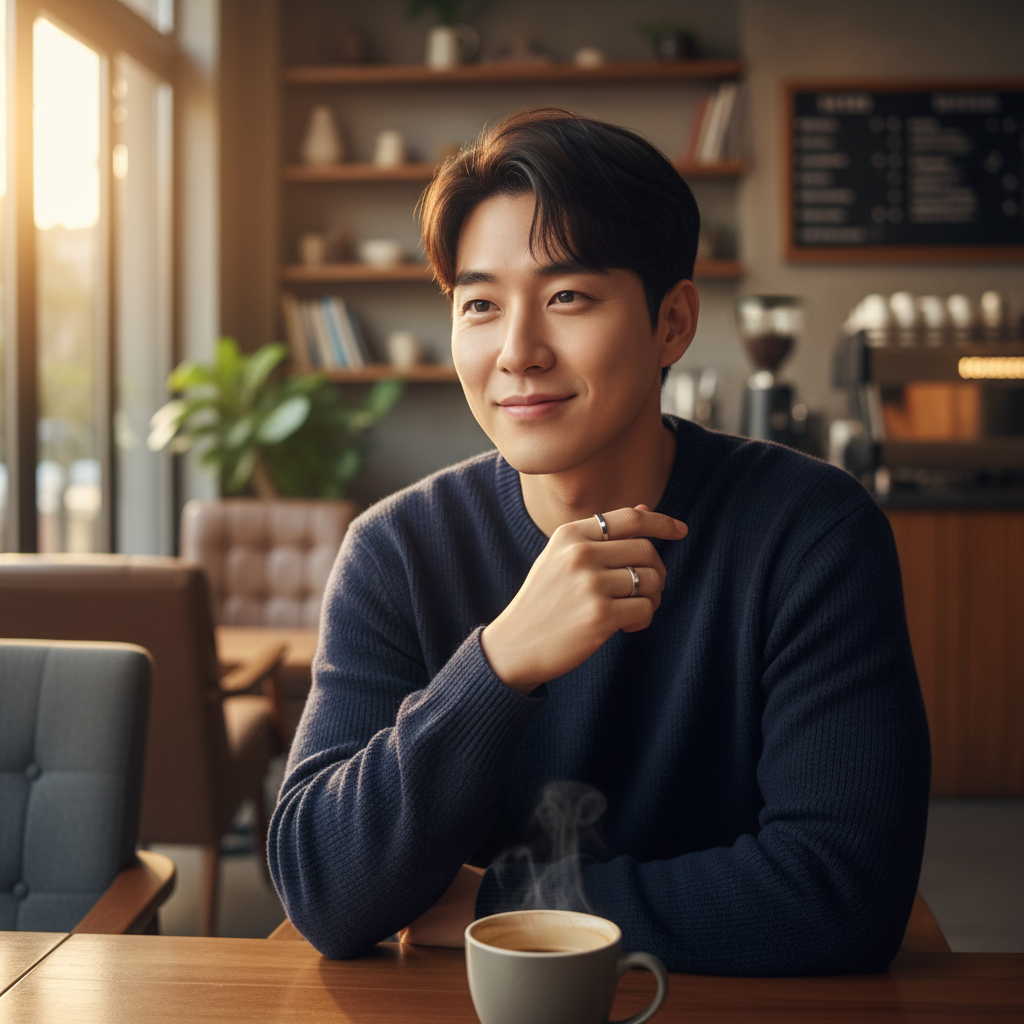 A man wearing a sleek smart ring on his finger, smiling while in a modern cafe setting, warm lighting, cozy background, Korean appearance, natural expression, no text