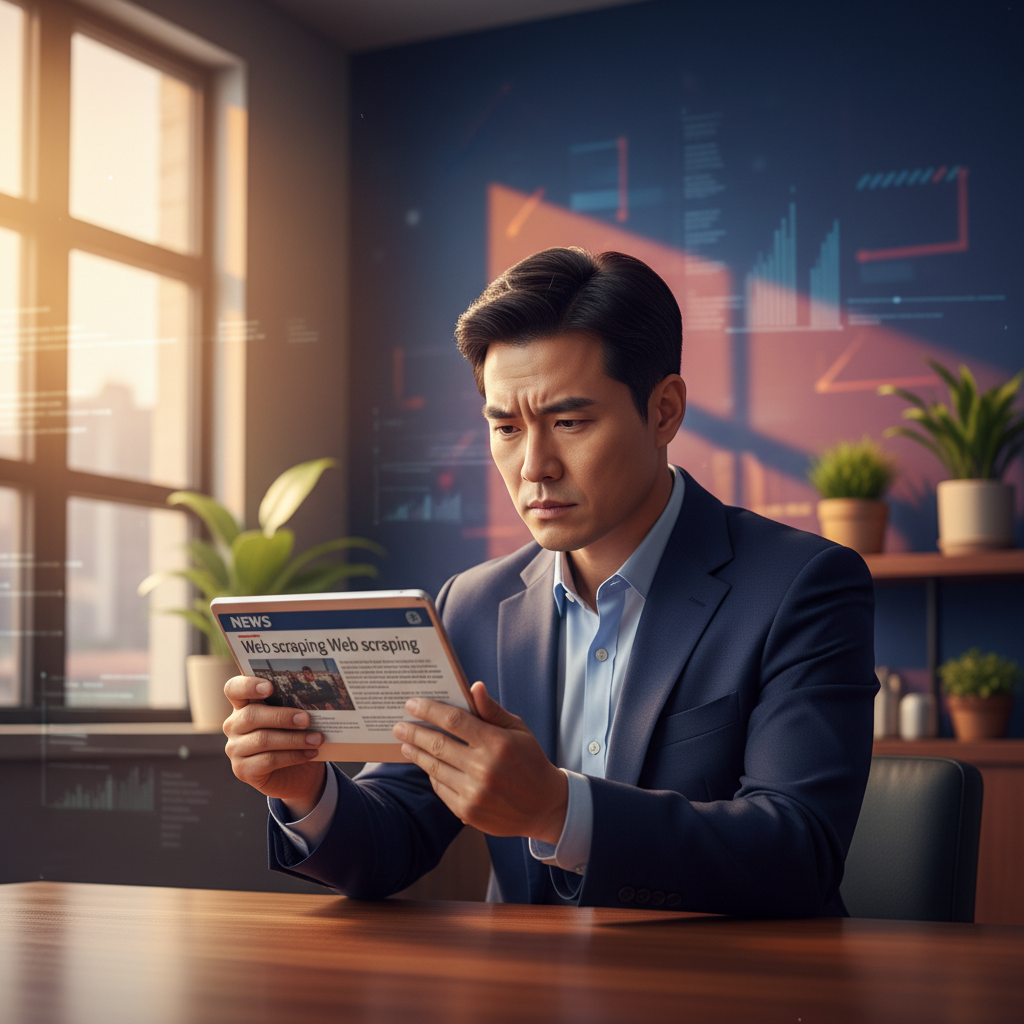 A man reading a news article about a web scraping lawsuit on a tablet, focused expression, modern office setting, warm lighting, colored background, no text, Korean appearance