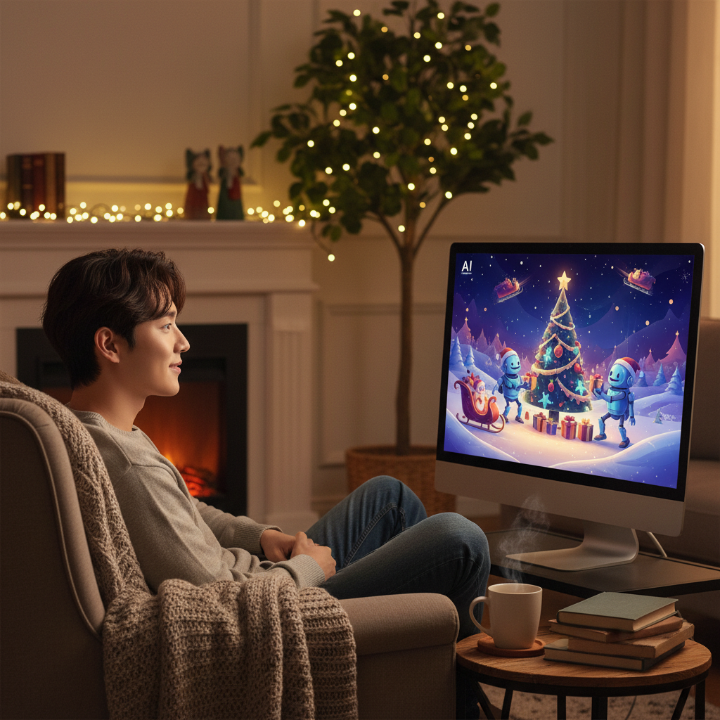 A Korean man sitting in front of a computer, looking at a holiday-themed AI advertisement with a hopeful smile, warm lighting, cozy living room background, no text, lifestyle photography, 4:3 aspect ratio