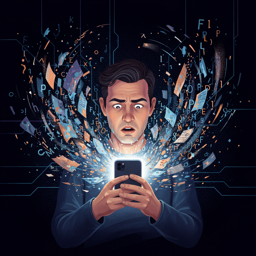 A man looking confused while staring at his smartphone, surrounded by chaotic digital information, a mix of text and distorted images, abstract, dark background with subtle glowing lines, modern illustration, no text