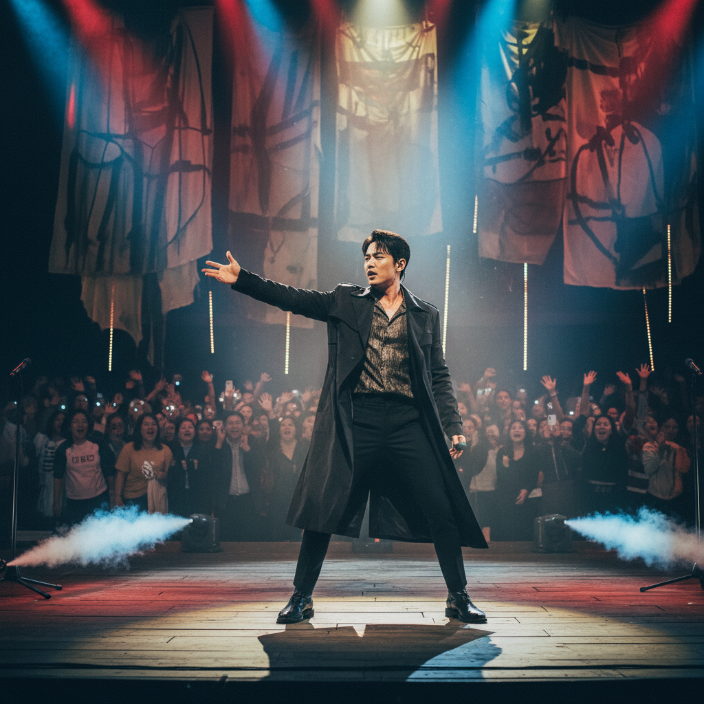 A captivating lifestyle photography image of a Korean actor performing passionately on stage, bathed in dynamic stage lighting. The audience in the background is deeply engaged, their faces showing various emotions. The scene captures the raw energy and authenticity of live performance, with a rich, textured background. No text.