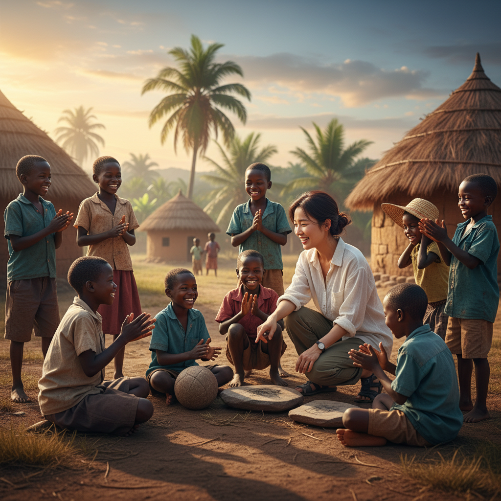 A realistic illustration of a diverse group of children in an African village setting, engaging in playful activities. A single Korean-looking woman is interacting with them in a respectful and supportive manner, not as a 'savior' figure. The background features traditional huts and lush greenery under a warm, natural sky. Style: lifestyle photography, warm lighting, natural setting. No visible text in image.