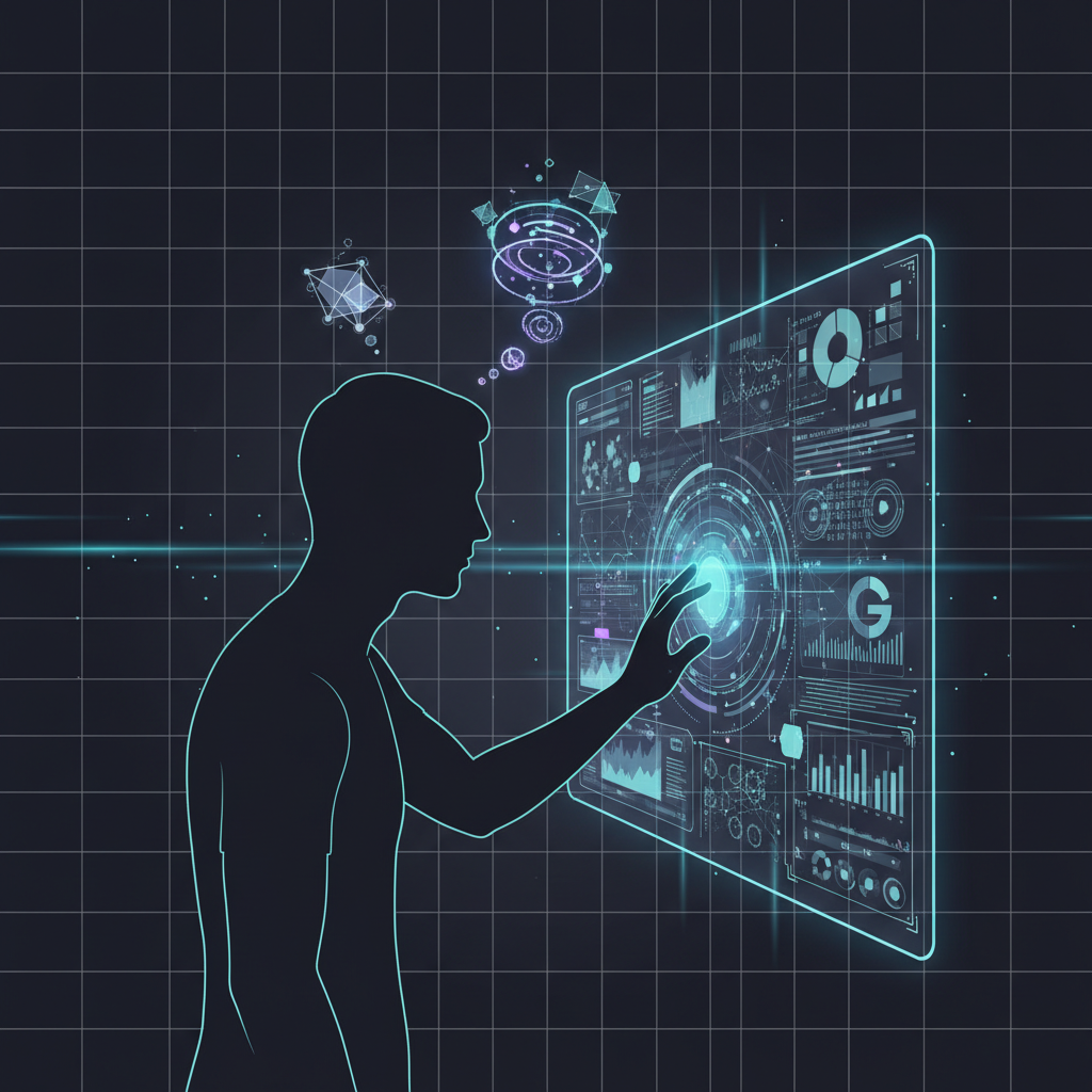 A person interacting with a futuristic AI interface, solving a complex problem. The scene emphasizes deep thought and analysis. Style: clean infographic, modern layout, high contrast. No visible text in image. Never use Korean characters.