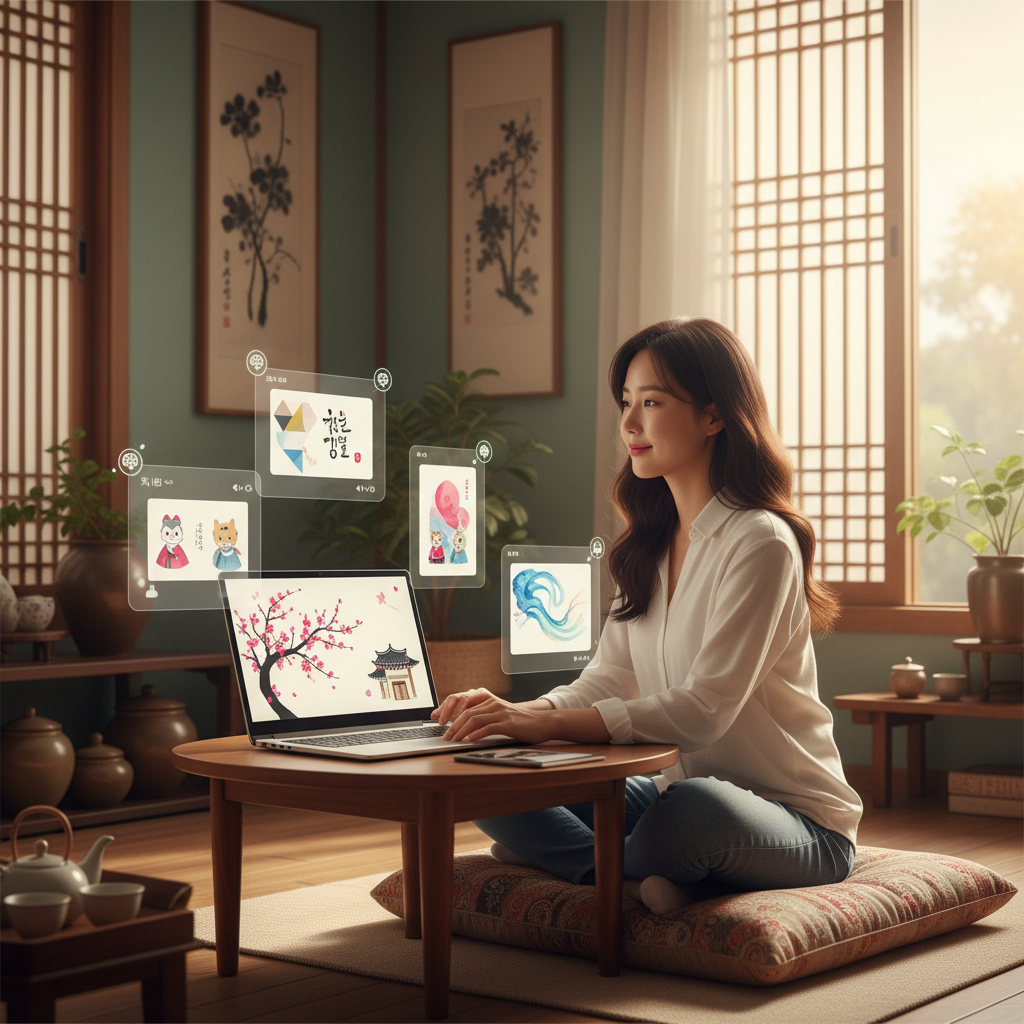 A person designing a digital greeting card on a laptop, with various creative AI design suggestions appearing on the screen. Lifestyle photography, warm lighting, colored background, Korean setting, no text