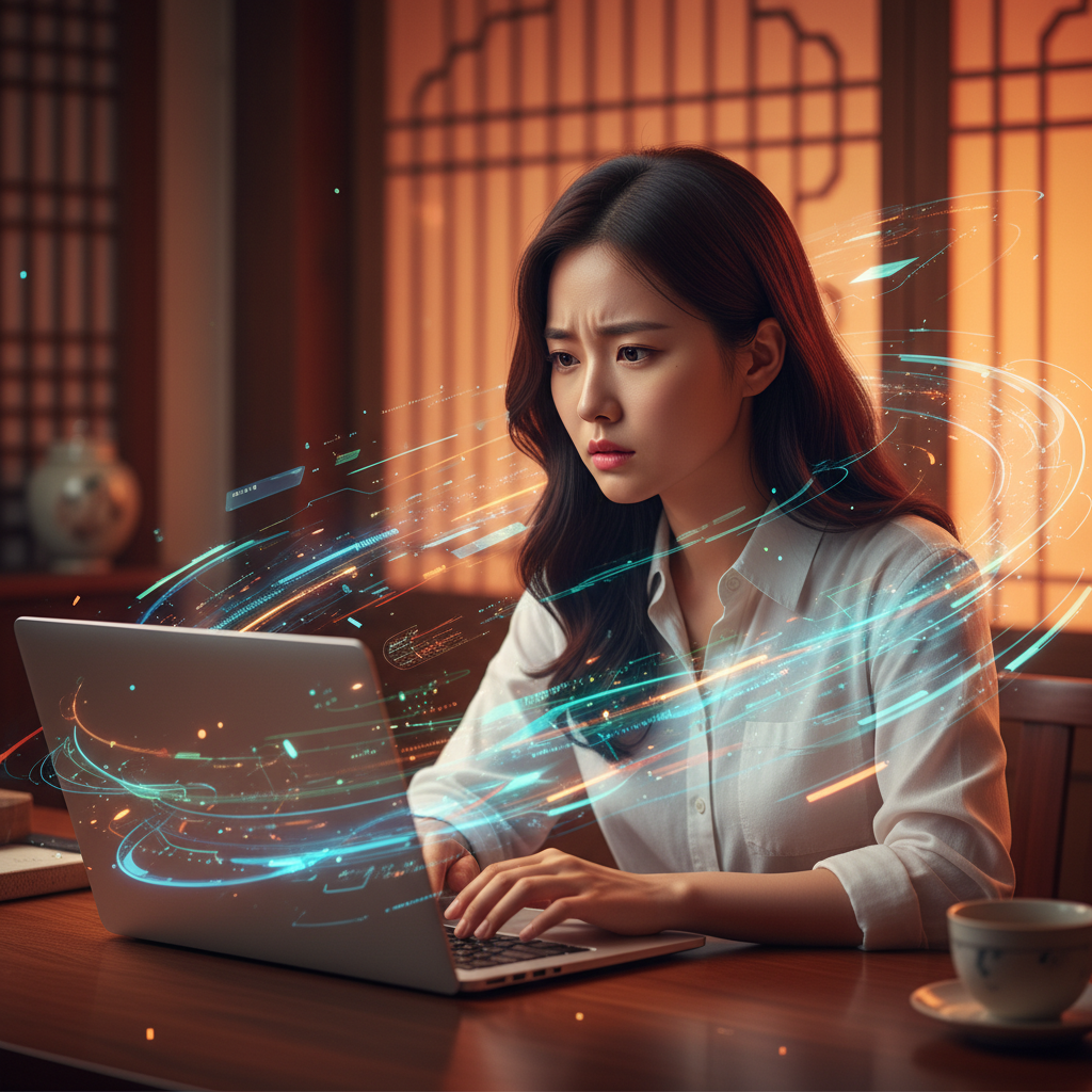 A person looking concerned while checking a laptop, surrounded by abstract representations of data, warm lighting, colored background, Korean setting, no text, 4:3