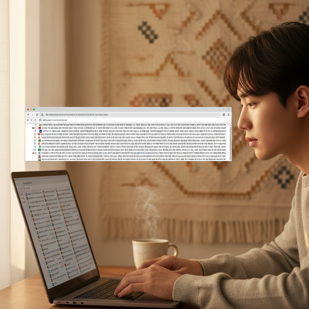 A Korean person looking at a web browser with many open tabs, showing a sense of being overwhelmed but hopeful, warm lighting, textured background, no text