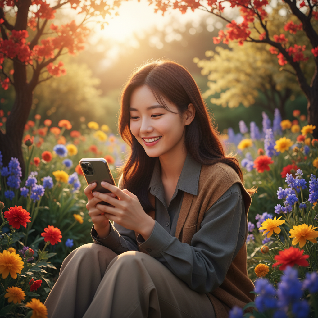 A person smiling while looking at a smartphone, natural setting, warm lighting, vibrant colored background, no text, Korean appearance, centered focus