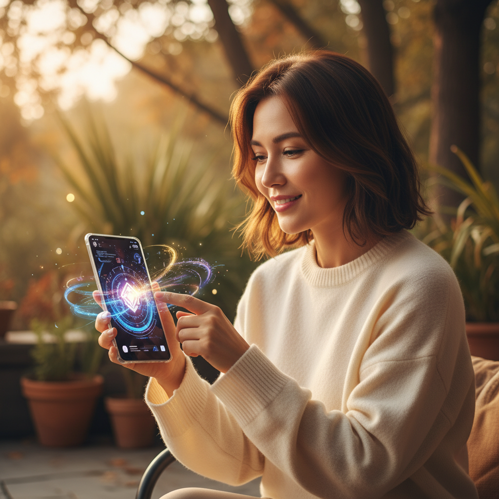 A person of Korean appearance is using a smartphone, interacting with an AI assistant like Gemini, with a futuristic UI concept on the screen. Lifestyle photography, warm lighting, natural setting, colored background, no text, 1:1 aspect ratio