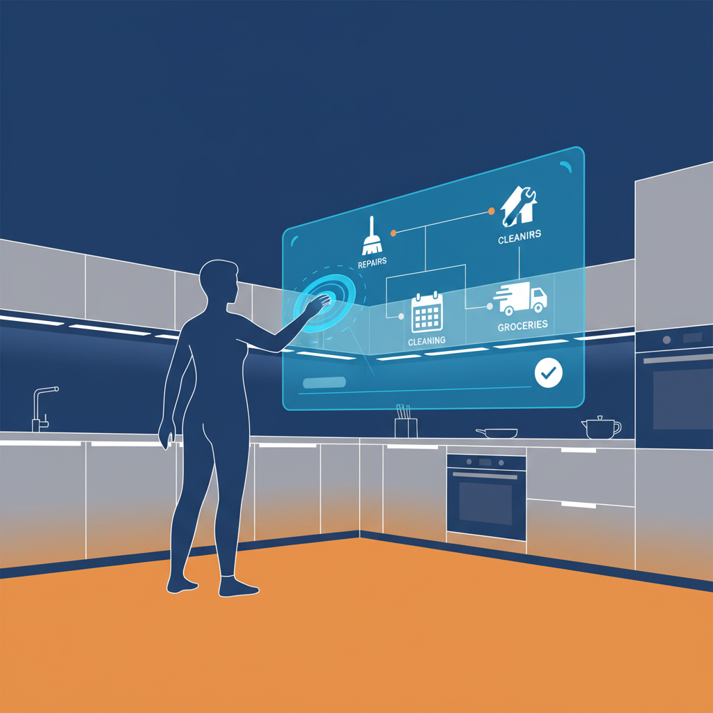 A futuristic kitchen setting where a person is seamlessly interacting with an Alexa device to book home services, clean infographic style, modern layout, high contrast, colored background, no text
