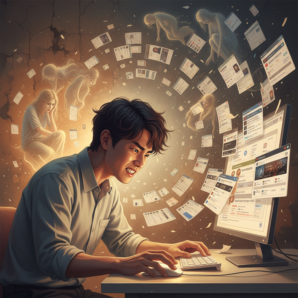A surreal scene of a person sitting in front of a computer, looking frustrated while scrolling through numerous online job listings, with faint ghost-like figures floating in the background, warm lighting, textured background, no text, Korean appearance, 4:3 aspect ratio