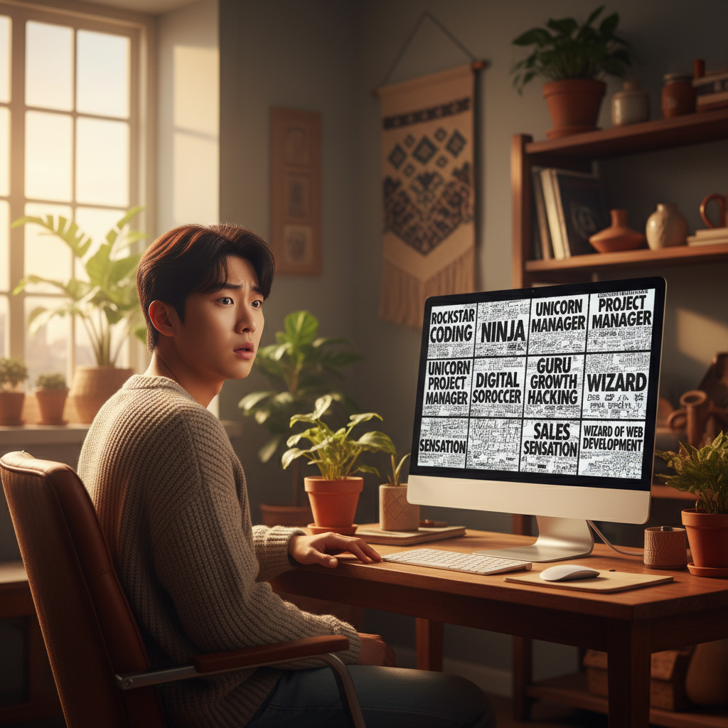 A lifestyle photograph of a person looking bewildered at a computer screen displaying job descriptions filled with exaggerated terms like 'rockstar' and 'unicorn', warm lighting, natural setting, textured background, no text, Korean appearance, 4:3 aspect ratio