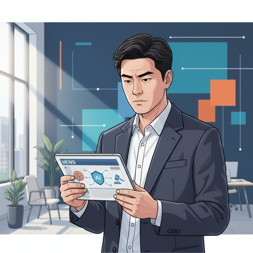 A person with a serious expression, Korean appearance, reading a news article about AI safety legislation on a tablet in a modern, well-lit office, with a colored background, clean infographic style, no text