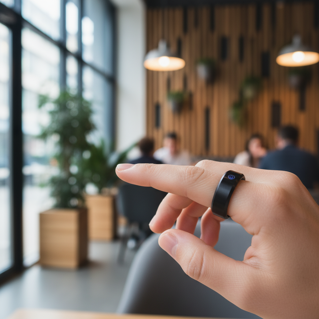 A person casually recording a voice note using a sleek smart ring on their index finger, their thumb pressing the button. The scene is set in a modern cafe, warm lighting, textured background, natural pose, no text
