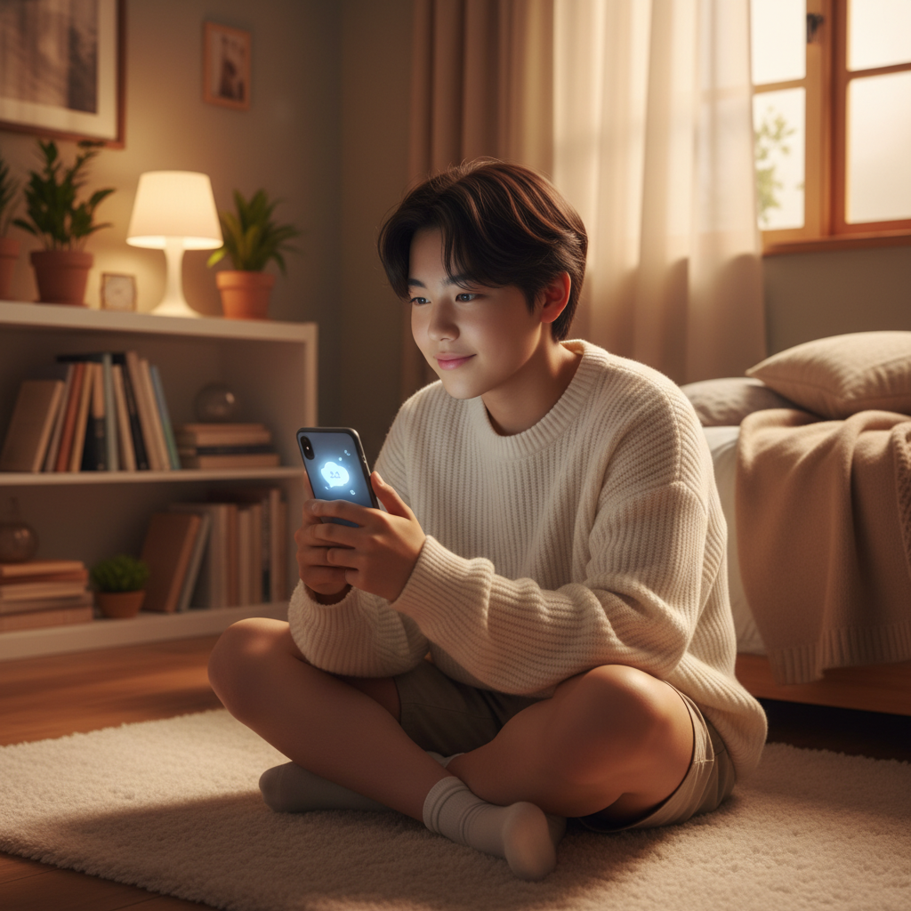 A realistic portrayal of a Korean teenager finding solace while interacting with an AI chatbot on a smartphone, warm lighting, cozy room background, natural expression, no text