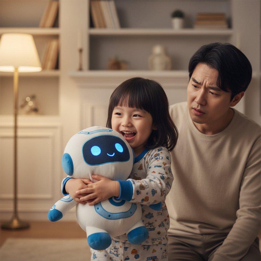 A child hugging a plush AI toy, the child looks happy and engaged, while a parent stands slightly behind with a subtle look of concern and apprehension, warm indoor lighting, blurred background, lifestyle photography, Korean family, 4:3 aspect ratio, no text