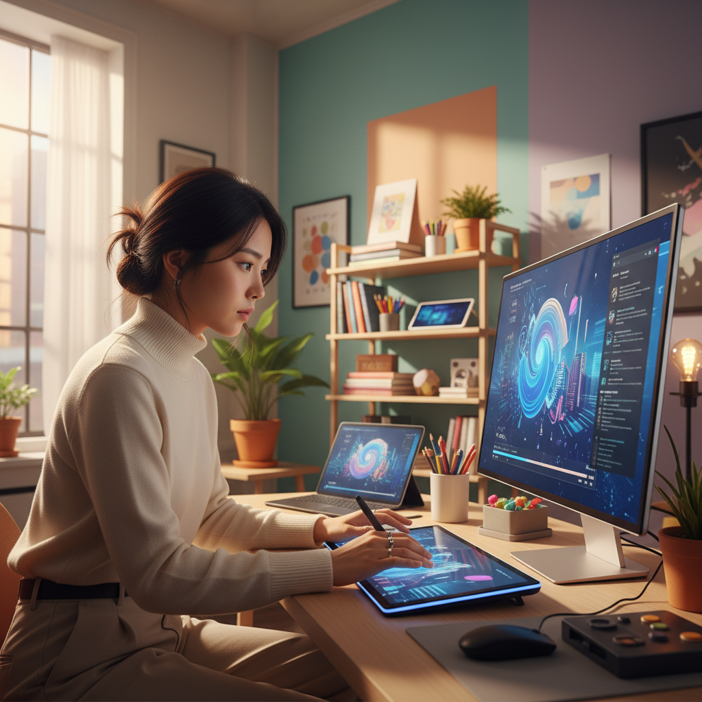 A modern female designer in a bright, organized studio, using an AI image generation tool on a large screen, focused expression, creative atmosphere, warm lighting, colored background, Korean appearance, no text, 4:3 aspect ratio