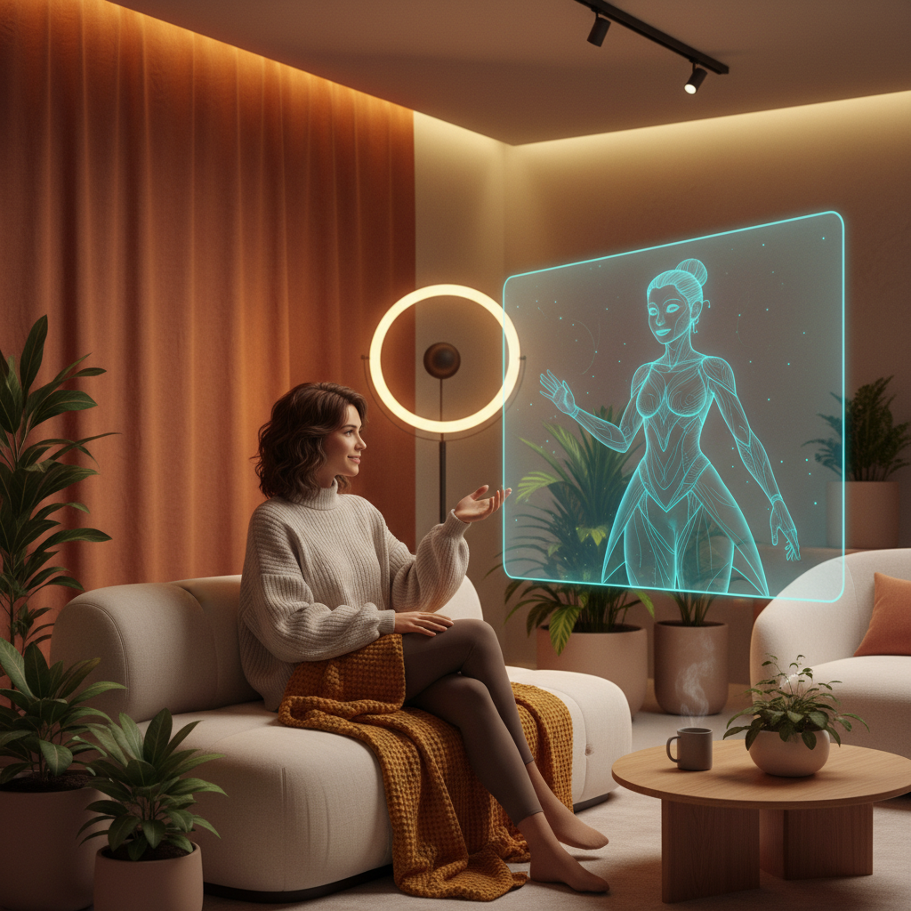 A female user interacting naturally with a digital avatar on a screen, cozy modern room, soft ambient lighting, warm colored background, no text