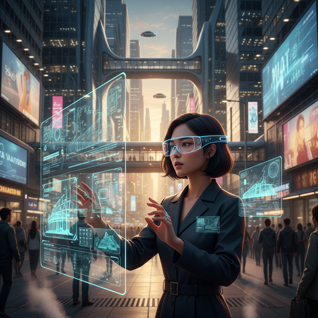 A young Korean woman wearing sleek AI glasses, interacting with digital overlays in a bustling urban environment, warm lighting, futuristic setting, no visible text, 4:3 aspect ratio