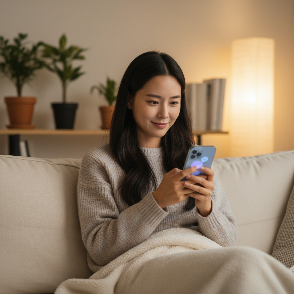 A Korean woman having a sincere conversation with an AI chatbot on her phone, looking thoughtful and receiving comfort, warm lighting, cozy room background, no text, lifestyle photography, natural setting, 4:3