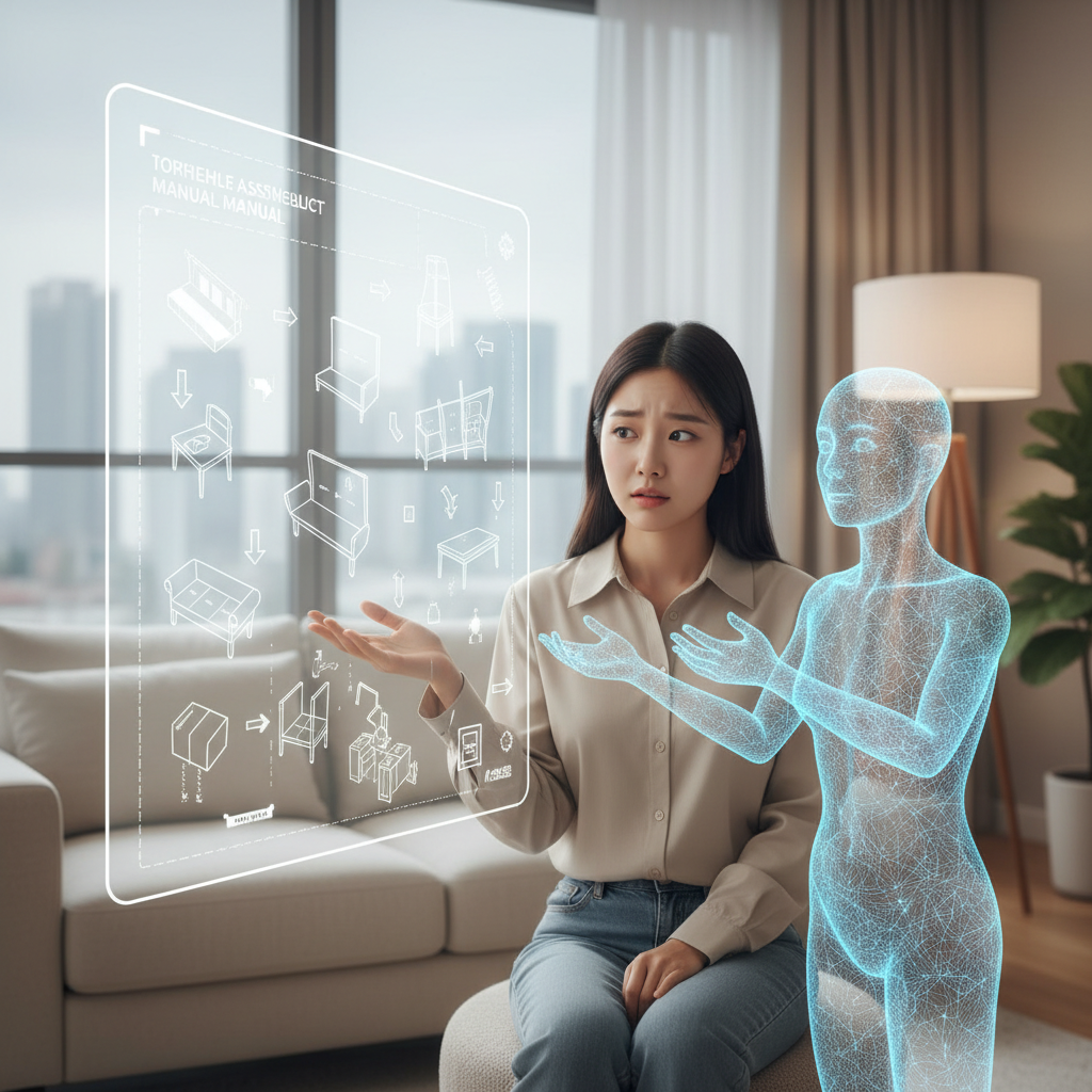 A Korean woman looking confused at a complex furniture assembly manual on her screen, asking for help from a virtual AI assistant, modern home setting, soft lighting, natural expression, no text, lifestyle photography, 4:3 aspect ratio
