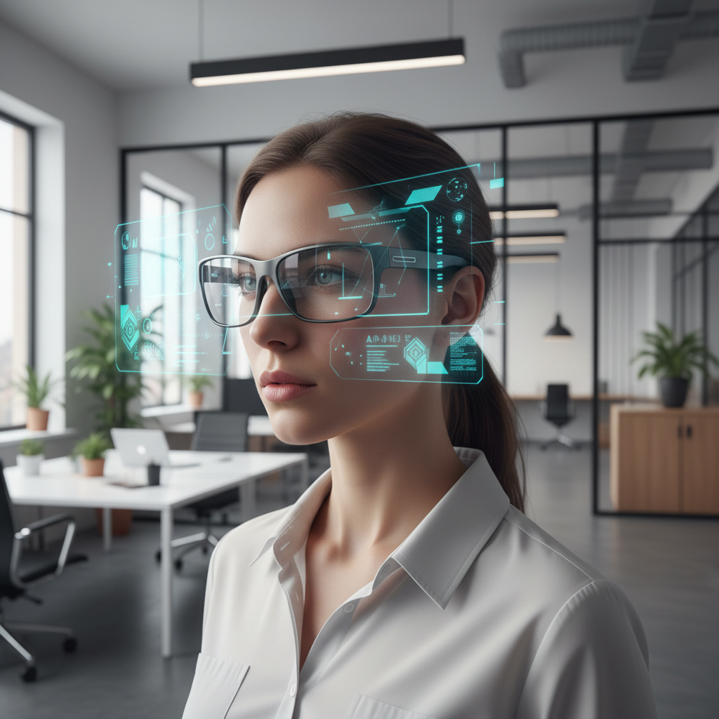 A woman wearing sleek smart glasses, looking focused as virtual interfaces are subtly projected in front of her, bright office environment, modern design, clean aesthetic, no text