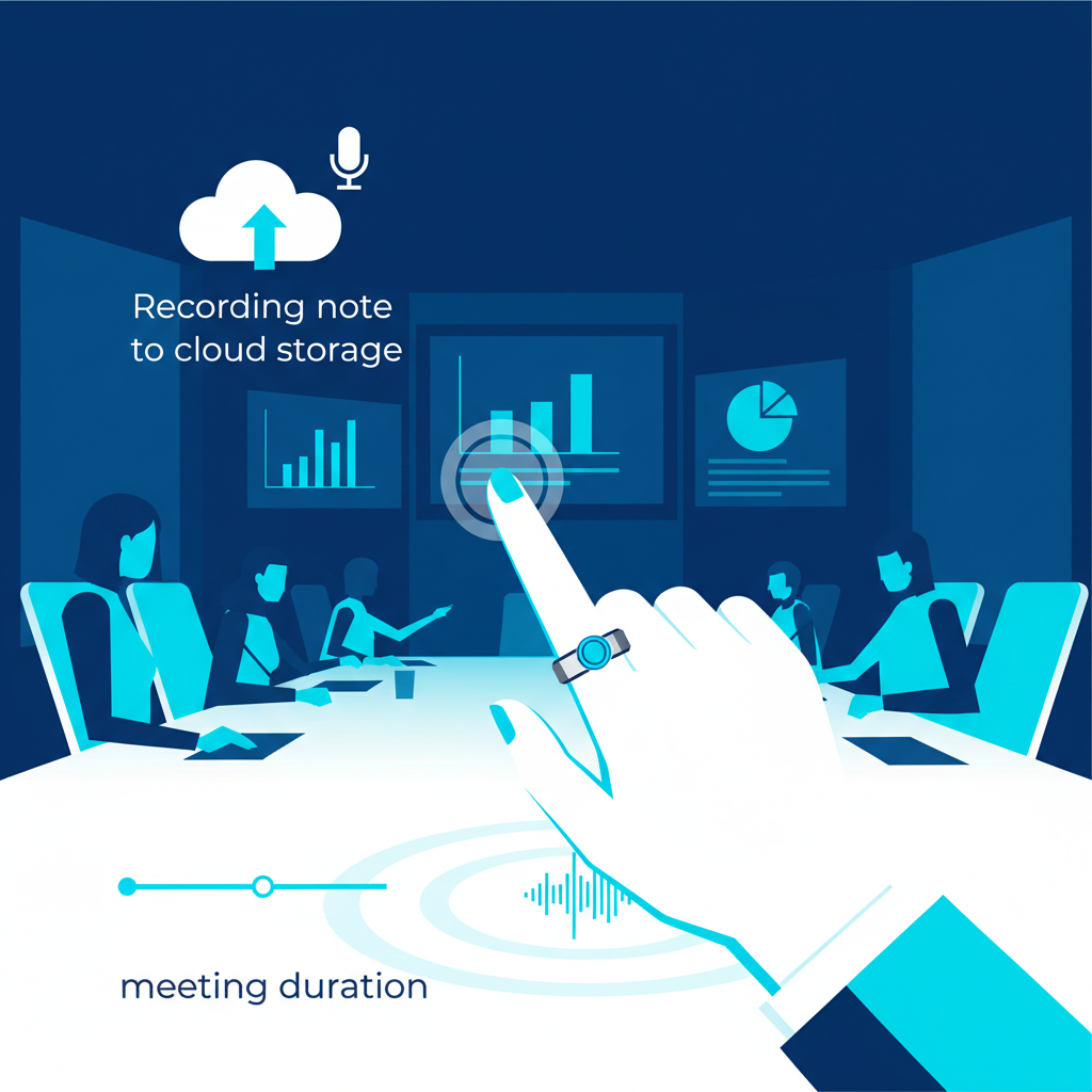 A woman in a professional office setting, wearing a smart ring, discreetly pressing the button to record a note during a meeting, clean infographic style, modern layout, high contrast, no text